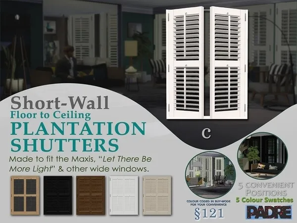 Padre Short Wall Plantation Shutters LTBML C - The Sims 4 Custom Content