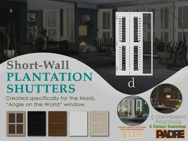 Padre Short Wall Plantation Shutters AOTW D - The Sims 4 Custom Content