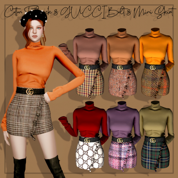 Alpha [RIMINGS] Cotton Turtleneck GUCCI Belt Mini Skirt by simsfinds - The Sims 4 Custom Content