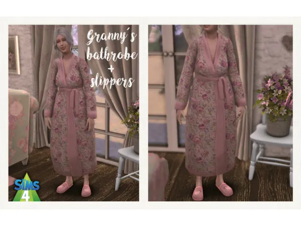 Maxis Match spa day long bathrobe recolor in a shabby chic granny style and matching basegame slippers - The Sims 4 Custom Content