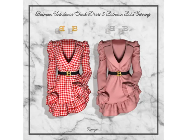 Alpha [RIMINGS] Balmain Unbalance Check Dress Balmain Bold Earring by RIMINGS - The Sims 4 Custom Content
