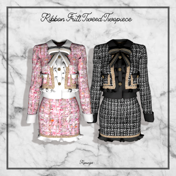 Alpha [RIMINGS] Ribbon Frill Tweed Twopiece by simsfinds - The Sims 4 Custom Content