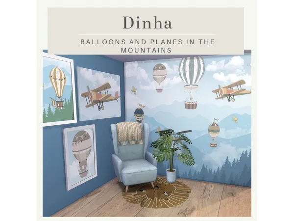 Alpha Balloons Planes in the Mountains Wall Panel Walls Paintings Canva Painting - The Sims 4 Custom Content