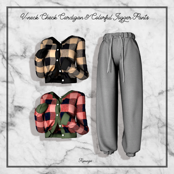 Alpha [RIMINGS] V neck Check Cardigan Colorful Jogger Pants by simsfinds - The Sims 4 Custom Content