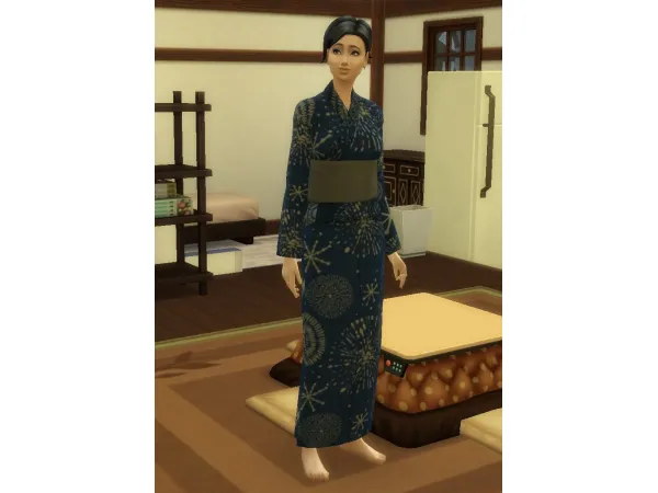 Maxis Match Snowy Escapes Yukata Blue with Fireworks Pattern by Amarise - The Sims 4 Custom Content