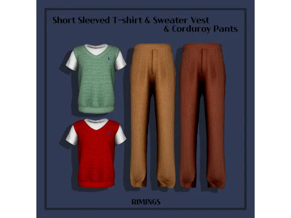 Alpha [RIMINGS] Short Sleeved T shirt Sweater Vest Corduroy Pants by RIMINGS - The Sims 4 Custom Content