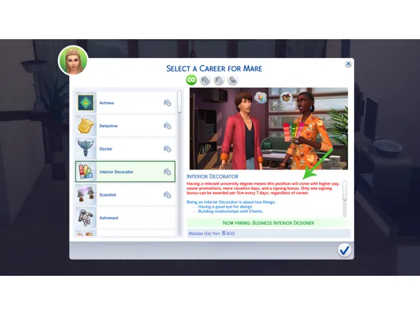 Maxis Match University degree reward fix for Interior Decorator and Salaryperson careers by shiorysm - The Sims 4 Custom Content