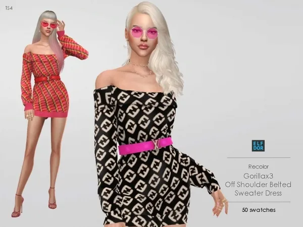 Alpha Gorillax3 Off Shoulder Belted Sweater Dress RC by elfdor - The Sims 4 Custom Content