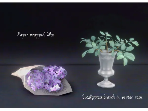Mix Eucalyptus branch in pewter vase paper wrapped lilac by pocci - The Sims 4 Custom Content