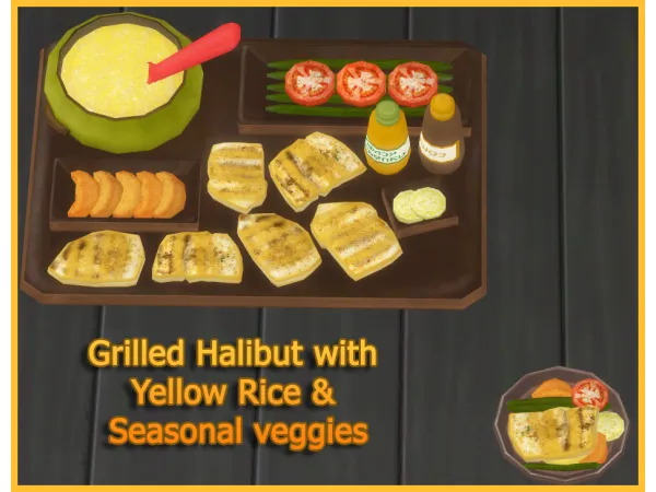 Maxis Match GRILLED HALIBUT WITH YELLOW RICE AND SEASONAL VEGGIES by icemunmun - The Sims 4 Custom Content