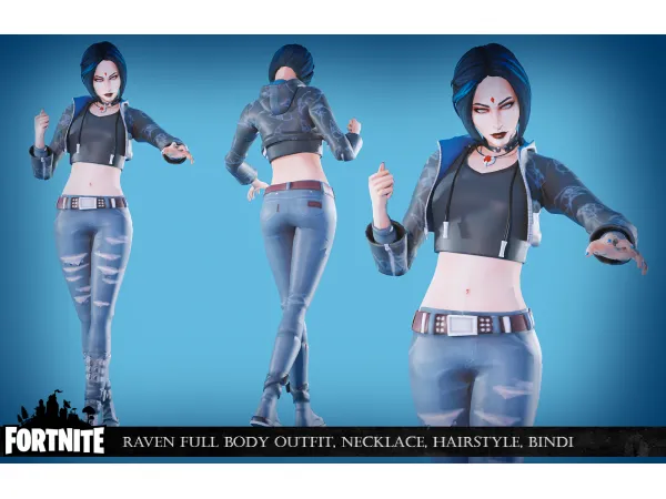 Alpha FORNITE Raven full body Outfit Necklace Hairstyle Bindi sims by Mimoto - The Sims 4 Custom Content