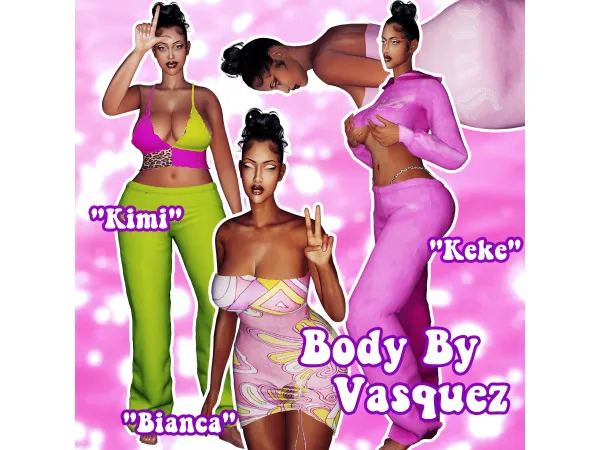 Alpha Bianca Dress Kimi Top Keke sweatpant set with changeable thongs by Body by Vasquez - The Sims 4 Custom Content