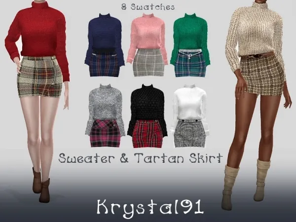 Mix Sweater Tartan Skirt Outfit - The Sims 4 Custom Content