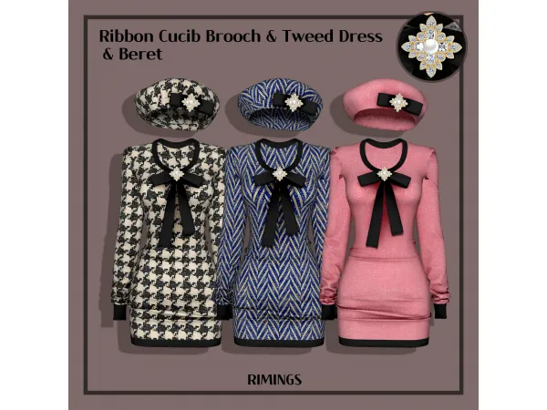 Alpha [RIMINGS] Ribbon Cucib Brooch Tweed Dress Beret by RIMINGS - The Sims 4 Custom Content
