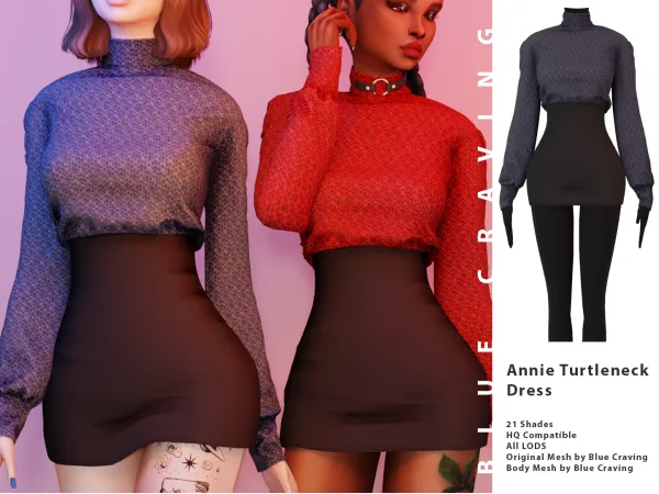 Alpha Annie Turtleneck Dress by bluecraving - The Sims 4 Custom Content