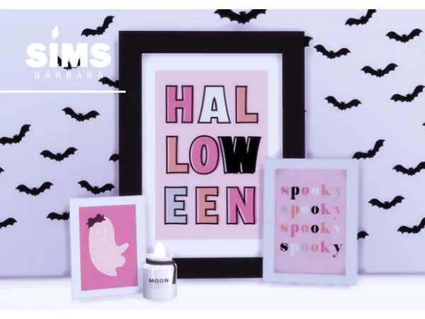 Maxis Match Pink Girly Halloween Print Frame Wall Bat Sticker by BarbaraSims - The Sims 4 Custom Content