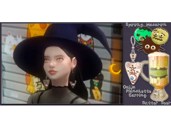 Maxis Match Harry Potter Butter Beer (functional) Spooky Macarons (Edible) Ouija Planchette Earring by Hydrangea - The Sims 4 Custom Content