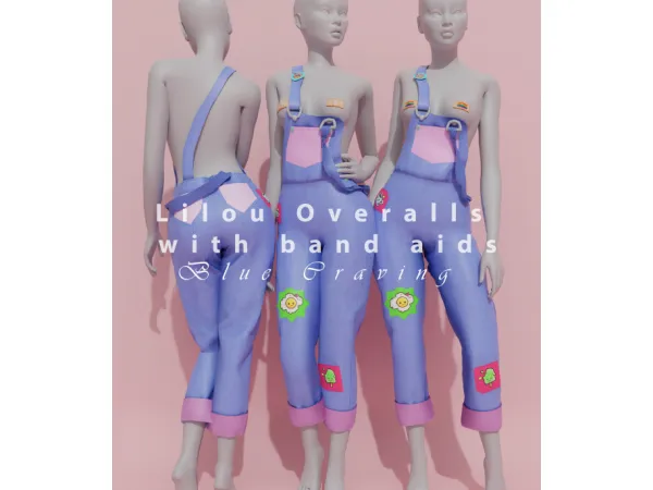 Alpha Blue Craving Lilou Overals with band aids - The Sims 4 Custom Content