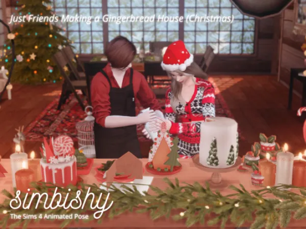 Mix ﾟJUST FRIENDS GINGERBREAD HOUSE (COUPLE POSE) ANIMATED POSE PACKﾟ - The Sims 4 Custom Content
