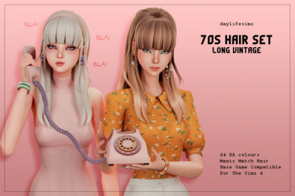 Maxis Match 70s HAIR SET Long Vintage Hairstyle by simsfinds - The Sims 4 Custom Content