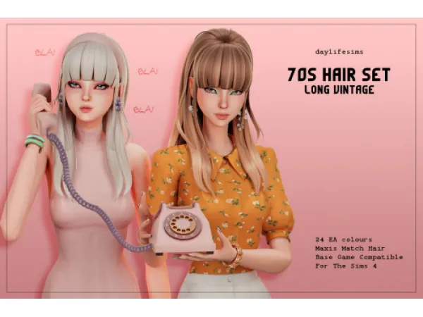 Maxis Match 70s HAIR SET Long Vintage Hairstyle by Daylife Sims - The Sims 4 Custom Content
