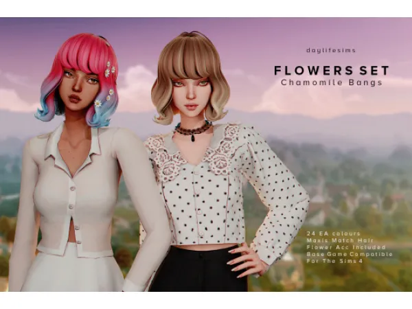 Maxis Match FLOWERS HAIR SET Chamomile Bangs Hair by Daylife Sims - The Sims 4 Custom Content