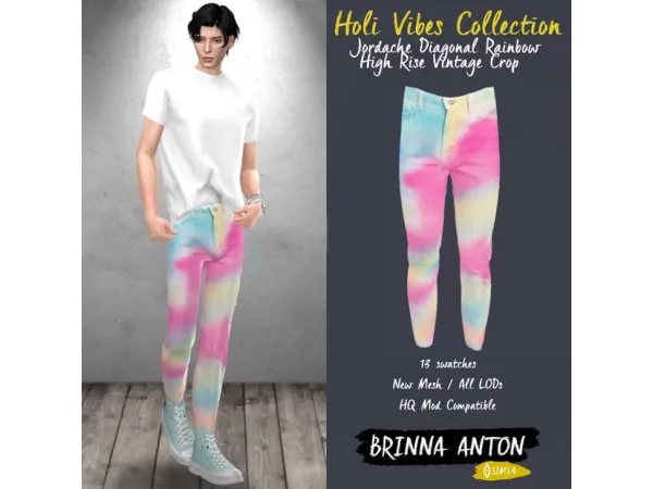 Alpha HOLI VIBES COLLECTION Jordache Diagonal Rainbow High Rise Vintage Crop by Brinna Anton - The Sims 4 Custom Content