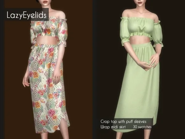 Alpha Crop top with puff sleeves wrap midi skirt - The Sims 4 Custom Content