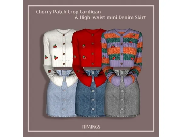 [RIMINGS] Cherry Patch Crop Cardigan & High-waist mini Denim Skirt