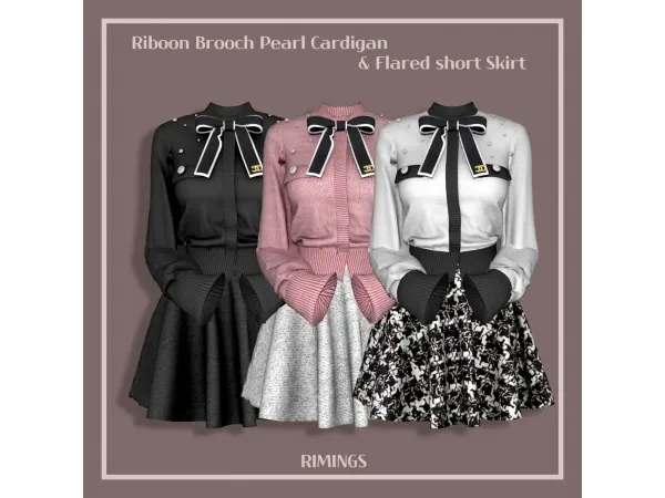 [RIMINGS] Riboon Brooch Pearl Cardigan & Flared short Skirt