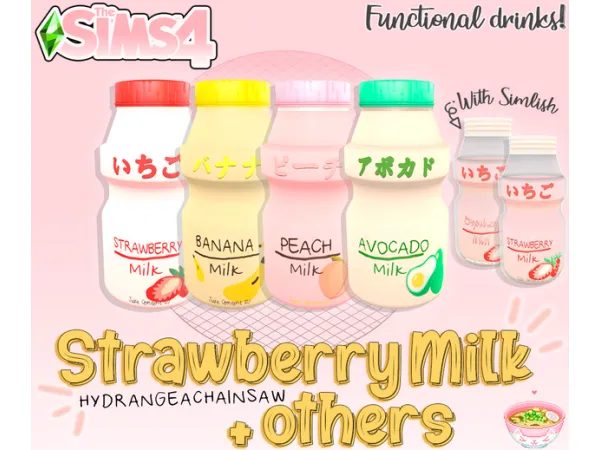 Alpha Functional drinks Peach Avocado Banana Strawberry Milk by Hydrangea - The Sims 4 Custom Content