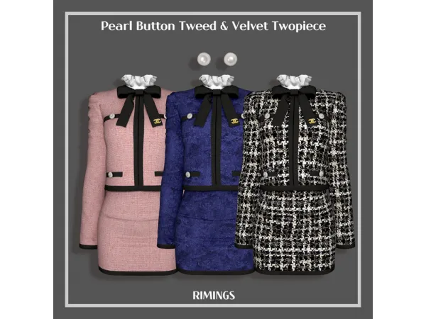Alpha [RIMINGS] Pearl Button Tweed Velvet Twopiece Pearl Earring by RIMINGS - The Sims 4 Custom Content