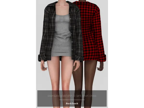 Alpha Oversized Plaid Shirt Acc Tank Short Dress by backtrackcc - The Sims 4 Custom Content