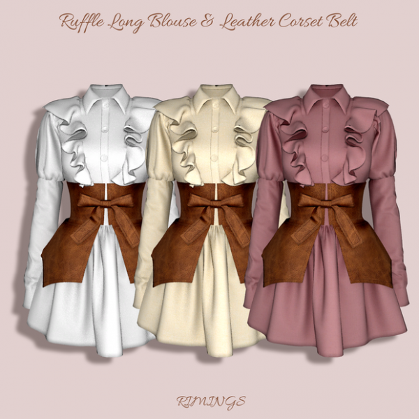 Alpha [RIMINGS] Ruffle Long Blouse Leather Corset Belt by simsfinds - The Sims 4 Custom Content