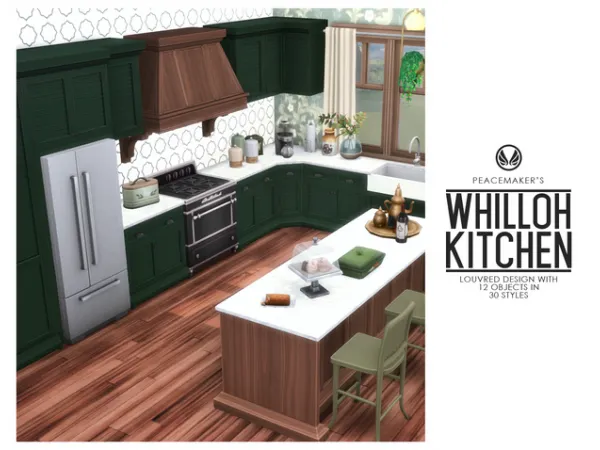 Maxis Match Whilloh Kitchen Louvred Design with 12 Objects by Peacemaker_ic - The Sims 4 Custom Content