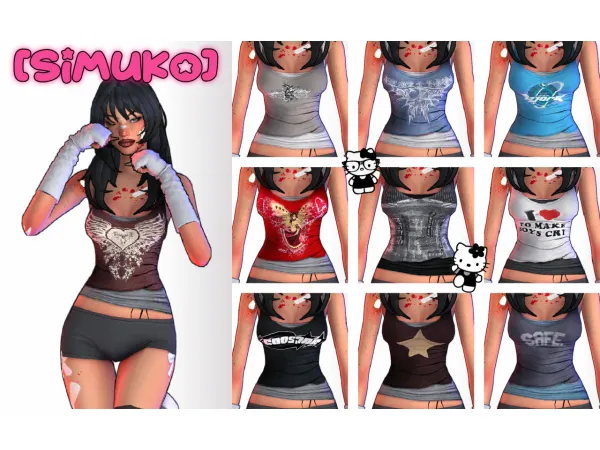 Mix [SIMUKO] Y2K Graphic Tank Tops - The Sims 4 Custom Content