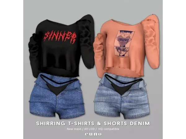 Alpha shirring T shorts denim - The Sims 4 Custom Content