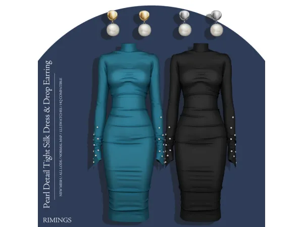 Alpha Pearl Detail Tight Silk Dress Drop Earring by RIMINGS - The Sims 4 Custom Content