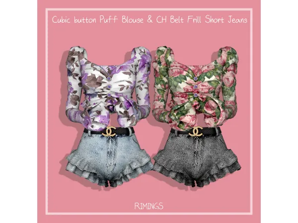[RIMINGS] Cubic button Puff Blouse & CH Belt Frill Short Jeans by RIMINGS