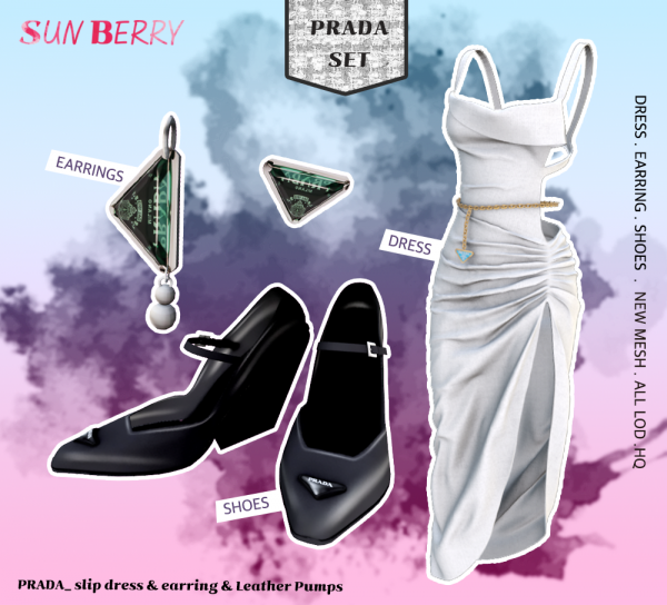 Alpha [SUNBERRY] PRADA SET_ dress earring shoes by simsfinds - The Sims 4 Custom Content
