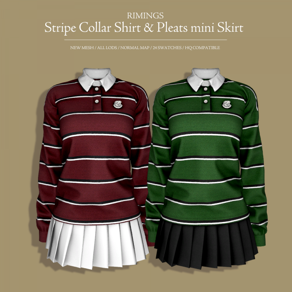 Alpha [RIMINGS] Stripe Collar Shirt Pleats mini Skirt by simsfinds - The Sims 4 Custom Content