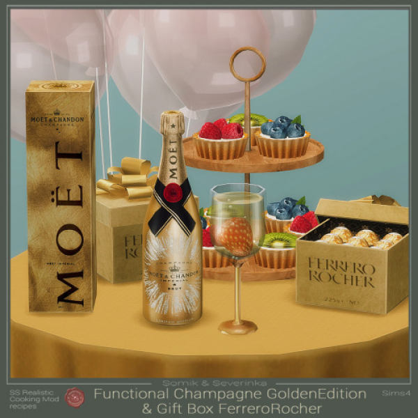 Mix Functional Champagne Golden Edition and Gift Box Ferrero Rocher by simsfinds - The Sims 4 Custom Content