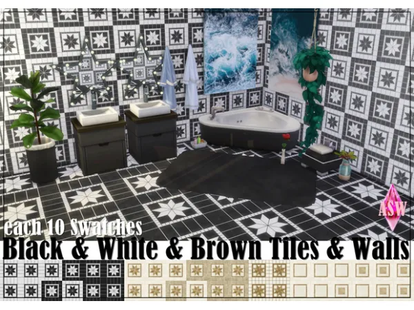 Mix Black White Brown Tiles Walls - The Sims 4 Custom Content