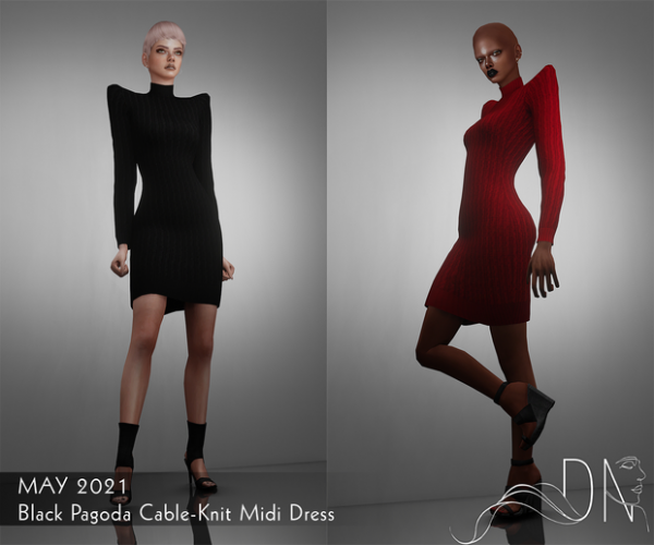 Alpha Black Pagoda Cable Knit Midi Dress by sorensms - The Sims 4 Custom Content