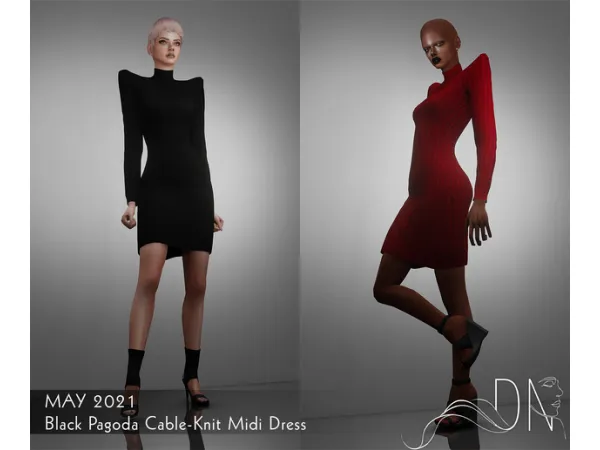 Alpha Black Pagoda Cable Knit Midi Dress by darknighttsims - The Sims 4 Custom Content