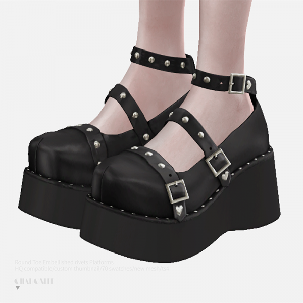 Alpha Round Toe Embellished rivets Platforms by simsfinds - The Sims 4 Custom Content