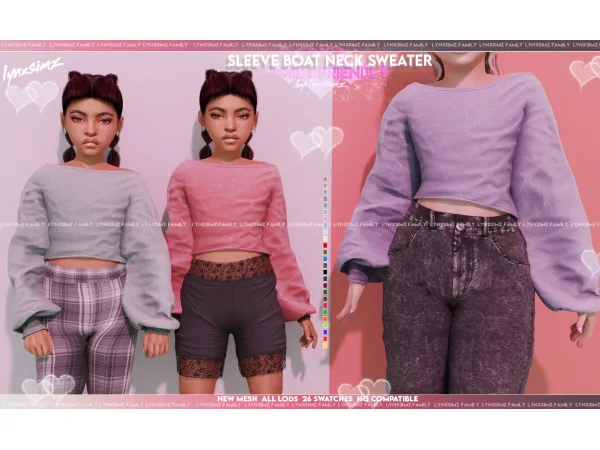 Alpha Sleeve Boat Neck Sweater Child by LYNXsimz Family - The Sims 4 Custom Content