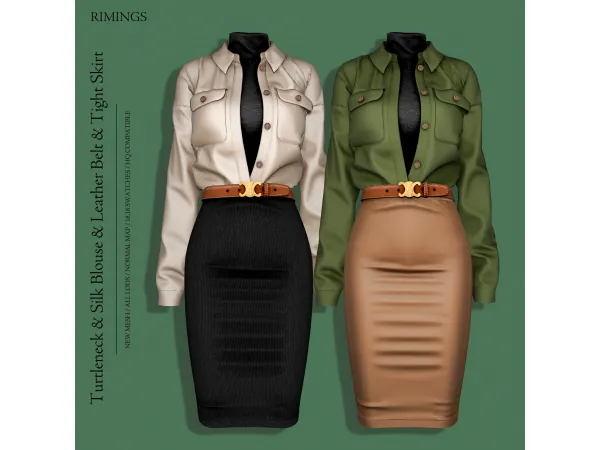 [RIMINGS] Turtleneck & Silk Blouse & Leather Belt & Tight Skirt by RIMINGS