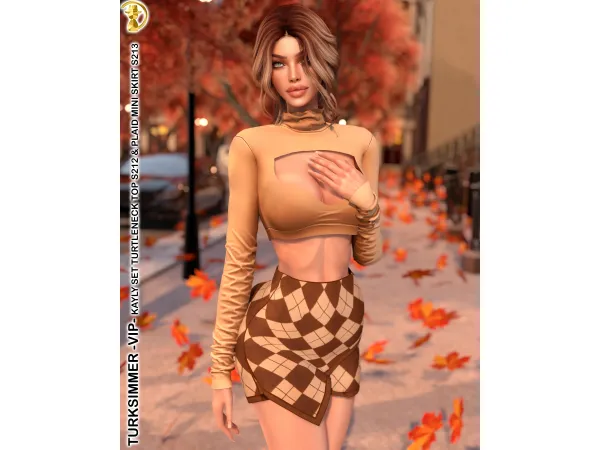 Alpha VIP KAYLY SET Turtleneck Top S212 Plaid Mini Skirt S213 by turksimmer - The Sims 4 Custom Content