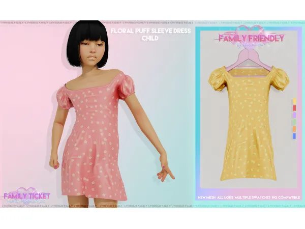 Alpha Floral puff sleeve dress Child by LYNXsimz Family - The Sims 4 Custom Content